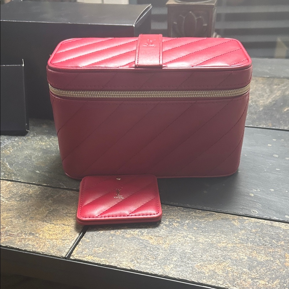 FLASH SALE - YSL Quilted Red Leather Cosmetic Case with Matching Mirror - NEW